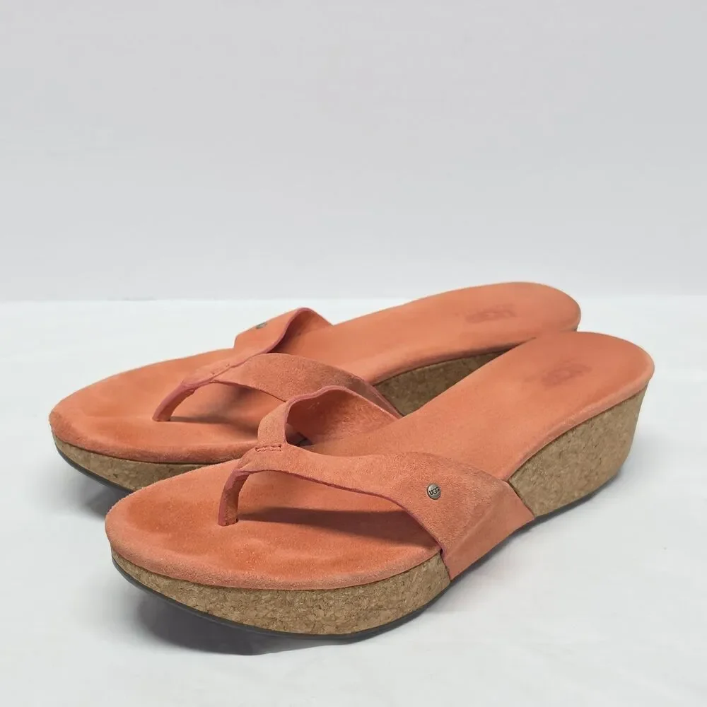UGG Brook Cork Wedge Coral Orange Suede Thong Sandals Women's 7 Y2K Boho - Picture 11 of 11
